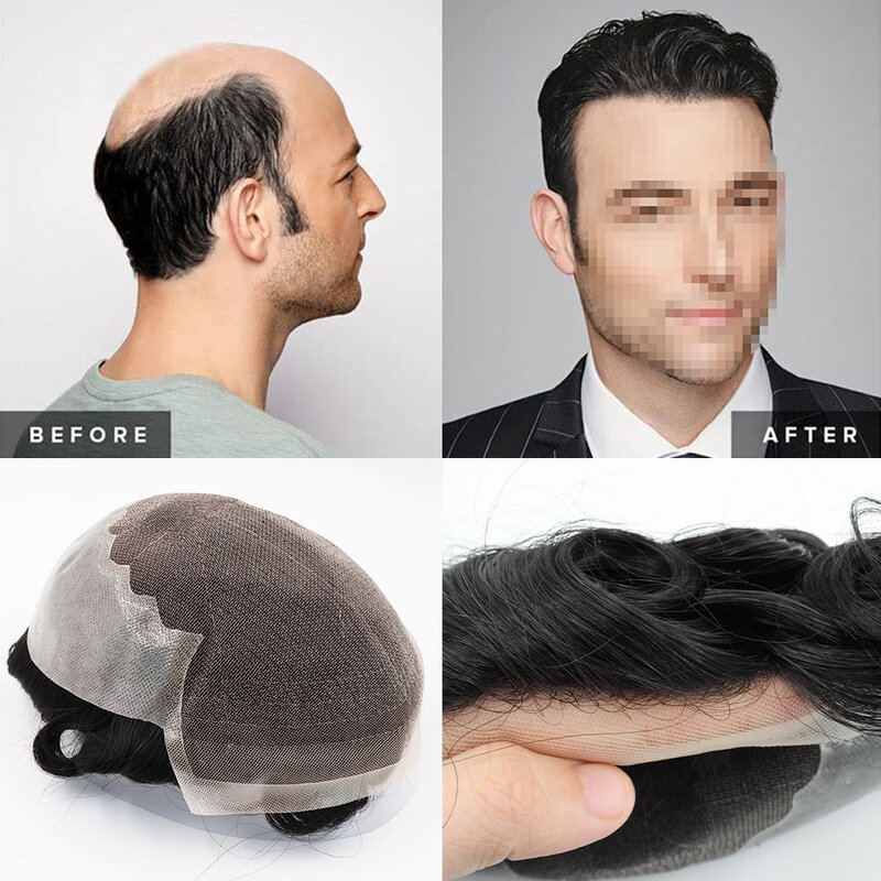 Toupee For Men Hair Replacement System European Human Hair Piece Swiss Lace Men Toupee Bleached Knot Natural Hairline hairsystem