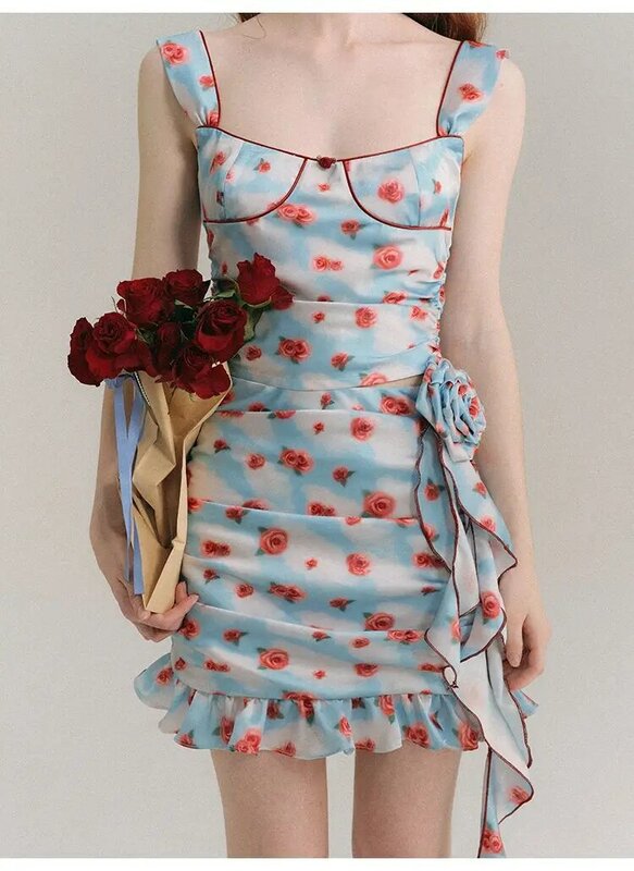Летнее платье Y2K в стиле ретро с цветочным принтом на бретелях-спагетти с бантом модное мини эстетическое Клубное Женское Платье трапециевидного силуэта
