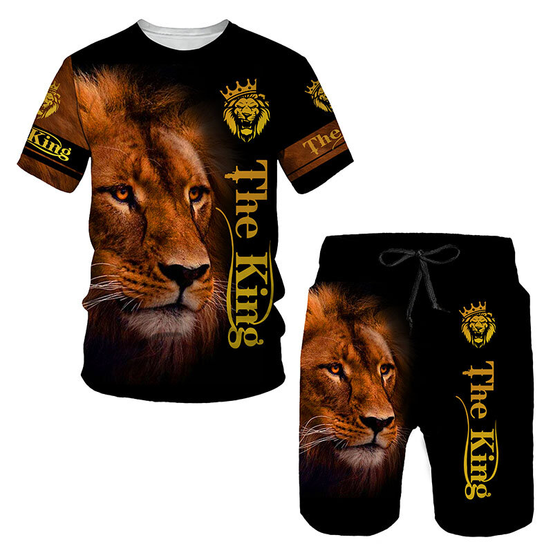Костюм спортивный мужской летний из футболки и шортов с 3D-принтом свирепного льва