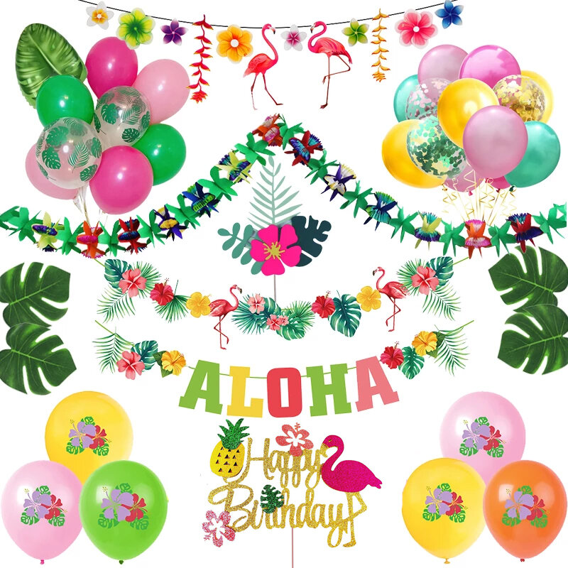Decoraciones de fiesta hawaiana, guirnaldas de flamenco, globos de pancarta para fiesta ALOHA Luau, suministros de fiesta de cumpleaños de playa de verano Tropical