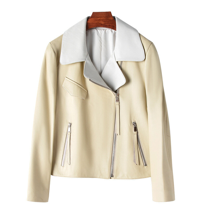 女性の羊の革のジャケット,薄い,短い,魅力的な服,多用途,衣類の小さいサイズ,新しい2024