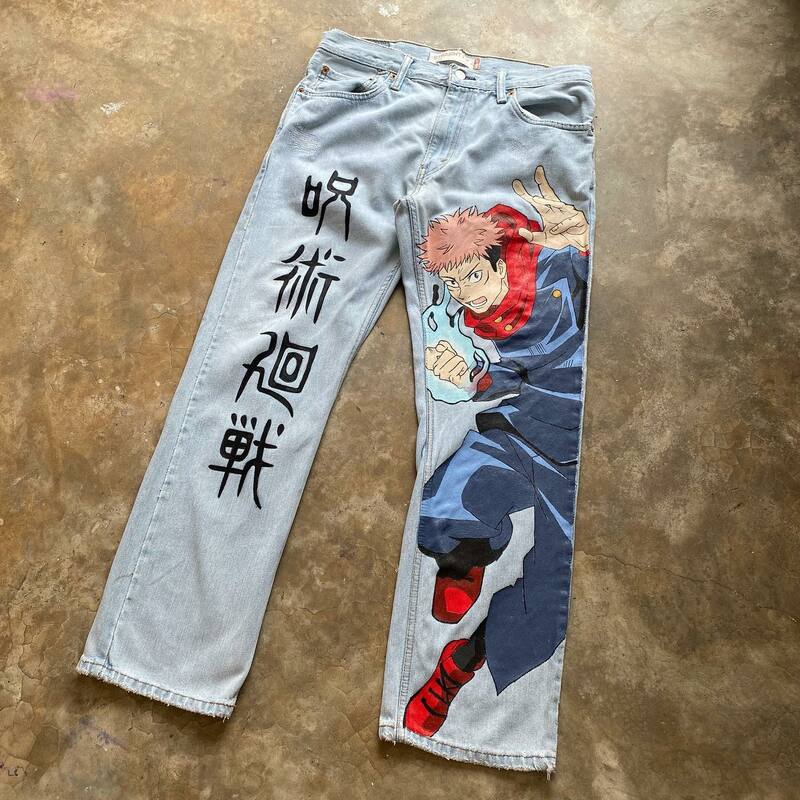 Y2K Jeans untuk pria, jeans Harajuku Anime grafik kaki lebar Streetwear celana panjang lebar wanita gaya Jepang Jeans pinggang tinggi