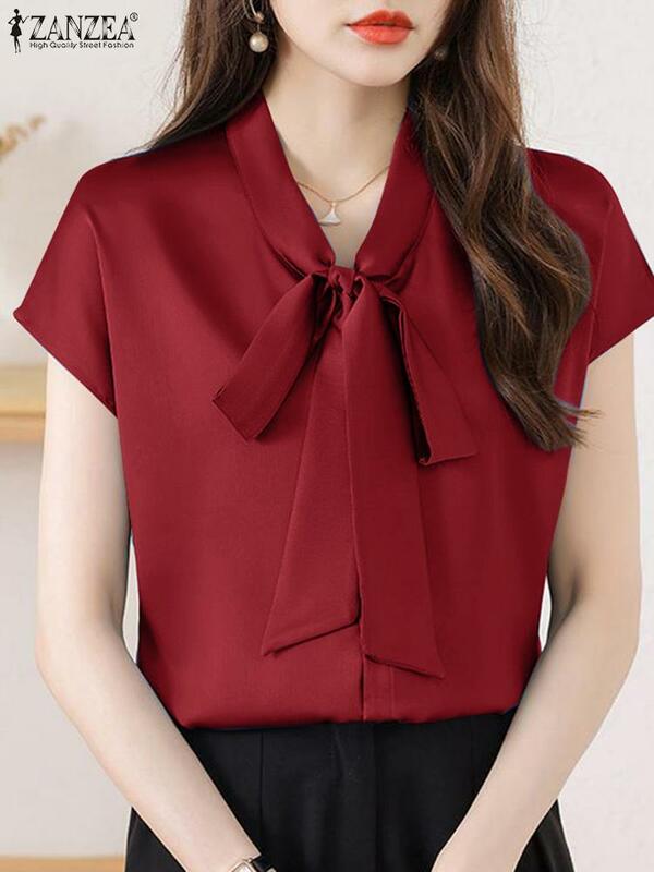 Летняя модная офисная рубашка ZANZEA с коротким рукавом, женская элегантная однотонная офисная блузка на шнуровке, повседневные однотонные топы, Женская туника