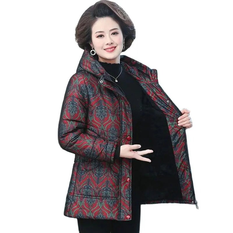 Abrigo de lana con capucha para mujer de mediana edad y ancianos, acolchado de algodón, talla grande, suelto, cálido, moda occidental, invierno, 5X, nuevo