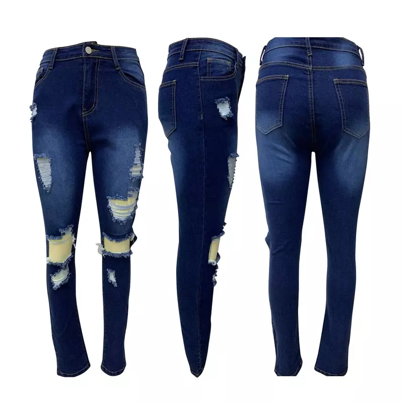 Koreanische Mode Slim Fit Jeans Frauen Midi-Taille einfarbig zerrissene Loch Quaste Stretch Denim Bleistift lange Hose Freizeit hose