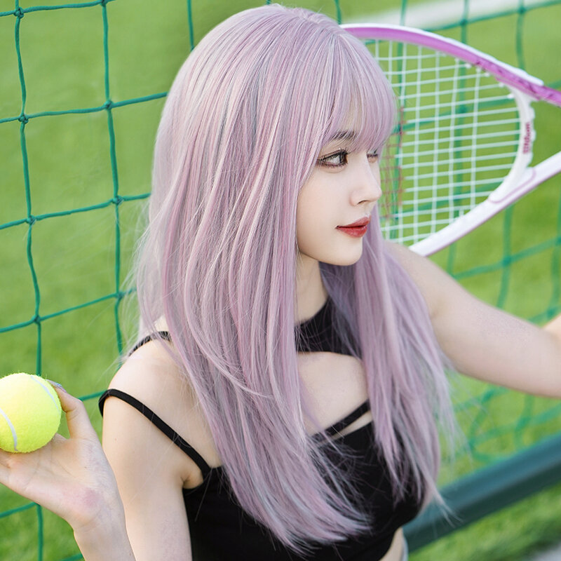 Wig ungu merah muda lurus panjang NAMM wig sintetis pesta lolita harian cosplay wanita wig sintetis serat tahan panas rambut palsu alami
