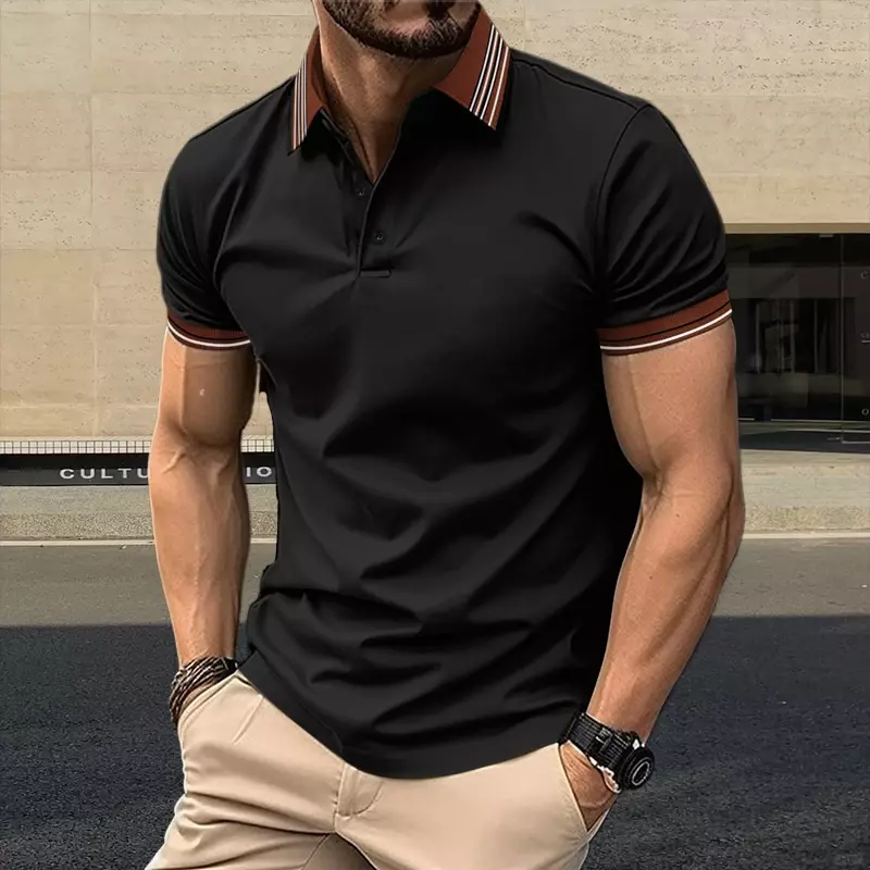 Modna męska koszulka polo z kołnierzykiem w paski T-shirt biznesowy odporny na zmarszczki odzież uliczna na co dzień męski oddychający top
