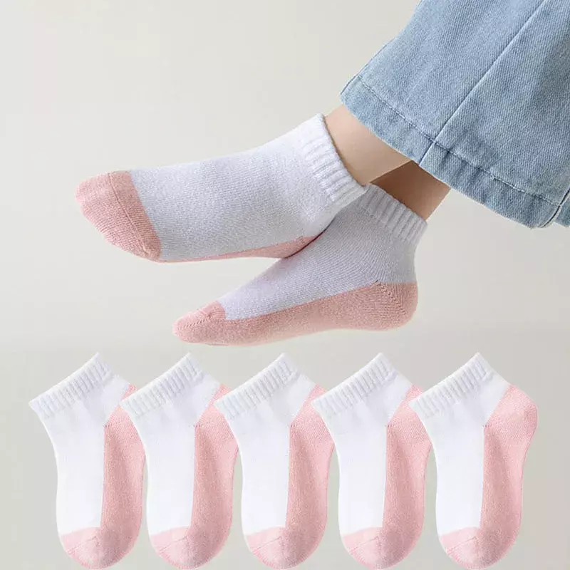 5 Pairs Spring Children Socks 100% Cotton Kids Fashion Black White Pink Student Baby Girl Boy Sports Short Socks For 1-12 Years