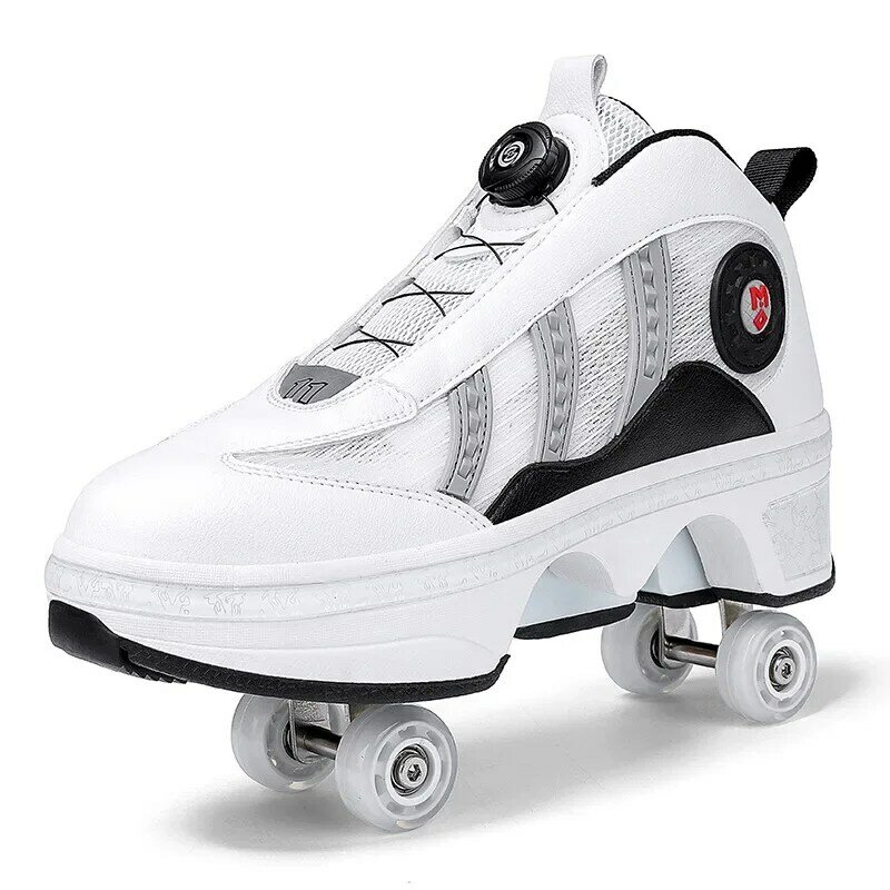 Chaussures de patin à roulettes à quatre roues en cuir PU, baskets Parkour déformées décontractées pour balles rondes, chaussures de sport de course pour adultes et enfants