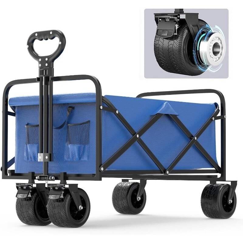 Collapsible Folding Beach Wagon Heavy Duty, Load 420Lbs Foldable Wagon Cart with Dual Brakes and Beverage Cup Holders