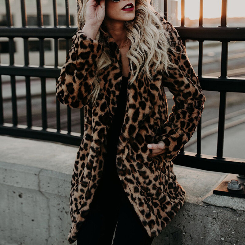 Women Winter Thick Warm Fashion Long Sleeve Luxury Leopard Print Faux Fur Coat Outerwear Artificial Jacket Plush Clothing