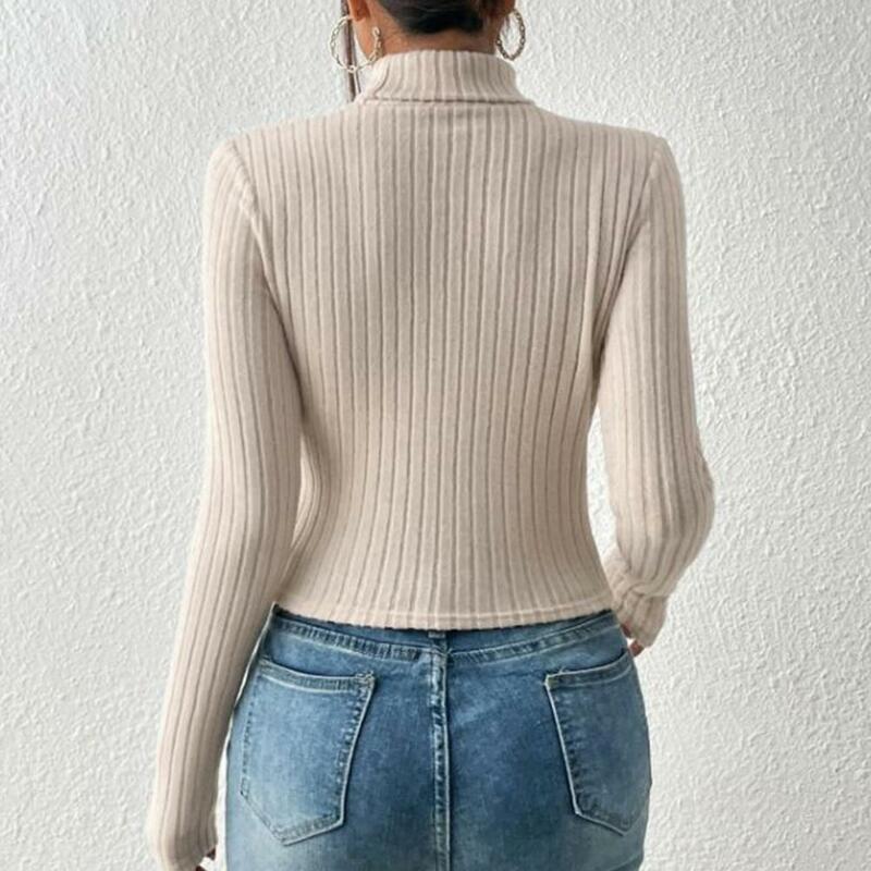 Atasan Wanita Pullover seksi berlubang kaus pas badan elastis rajutan lengan panjang kerah tinggi sweter Bottoming wanita lembut