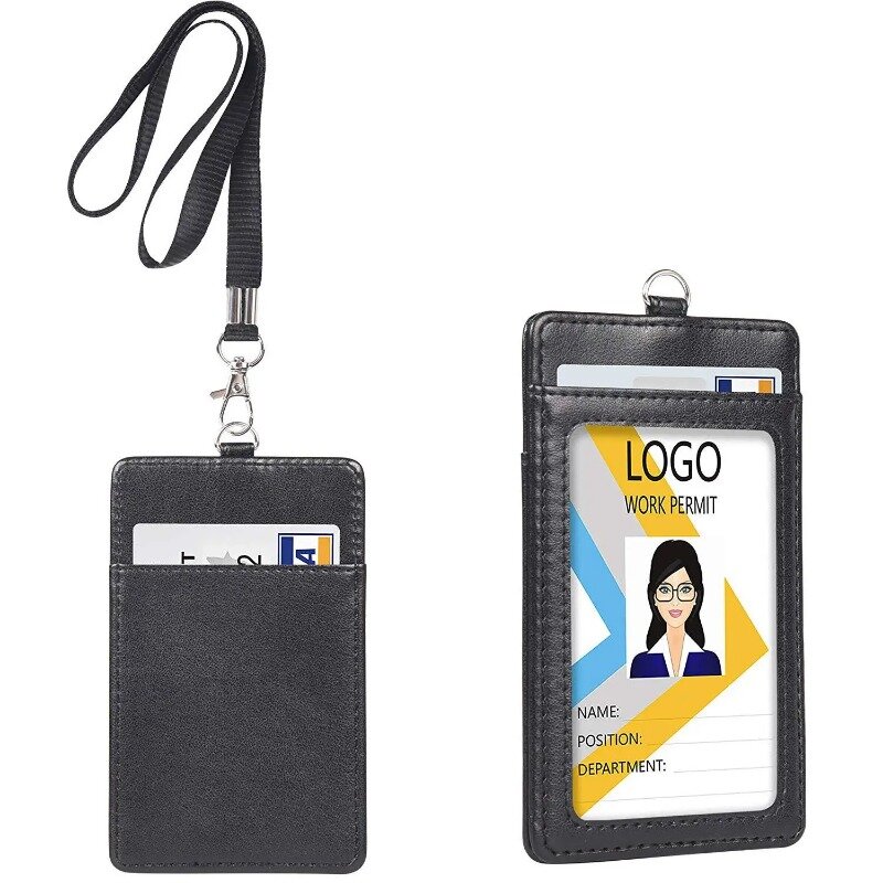 Unisex Black PU Leather Card Holder with Neck Lanyards 2 Card Slots ID Credit Card Badge Holder Wallet School Office Supplies