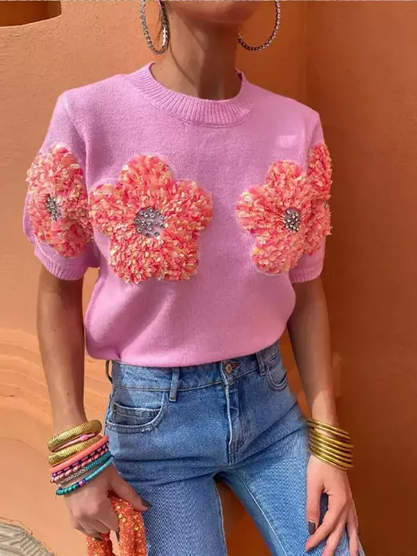 Mode atasan crop rajut Floral 3D untuk wanita 2024 sweter bunga lengan pendek jalanan wanita elegan pakaian rajut Pullover leher-o