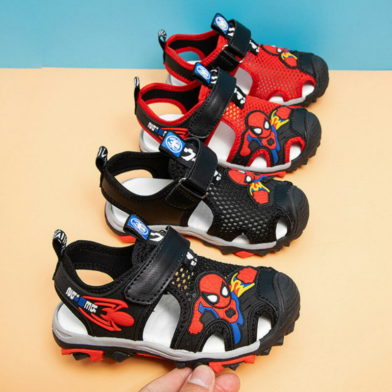 Sandalias de Punta cerrada para niño y niña, zapatos deportivos ortopédicos con estampado de Spiderman y dibujos animados, de cuero Pu suave, para playa, de verano, 26-36