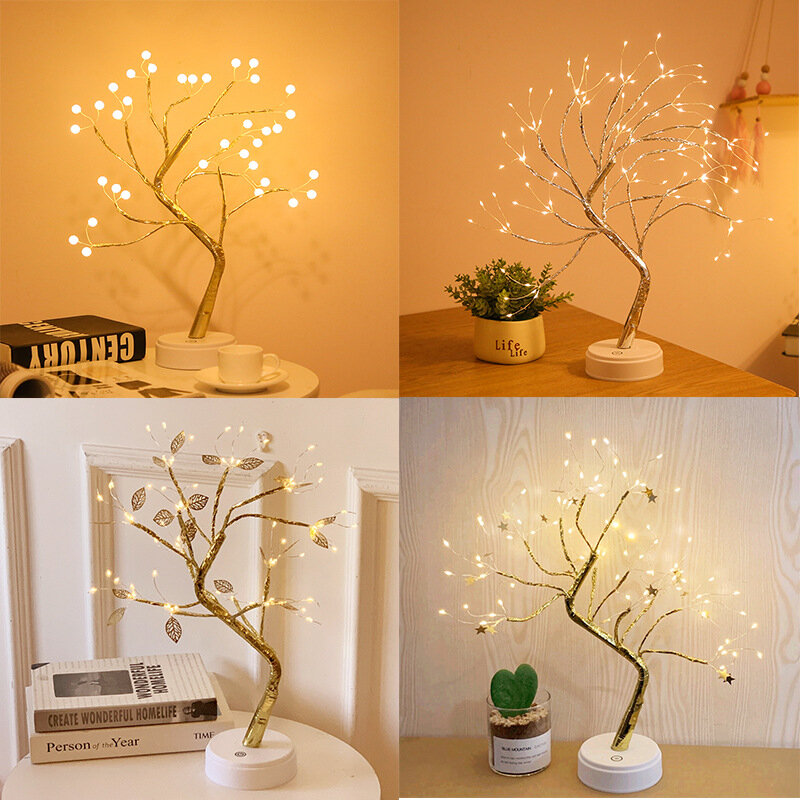 Led night light mini árvore de natal fio cobre guirlanda lâmpada para crianças decoração do quarto casa luz fadas iluminação do feriado