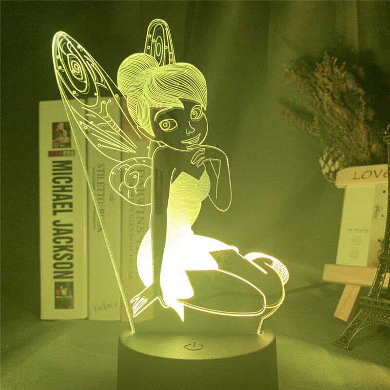 Figura de hada Tinkerbell 3D luz Visual LED luz nocturna princesa Tinker Bell decoración del hogar lámpara de mesa de ilusión que cambia de Color