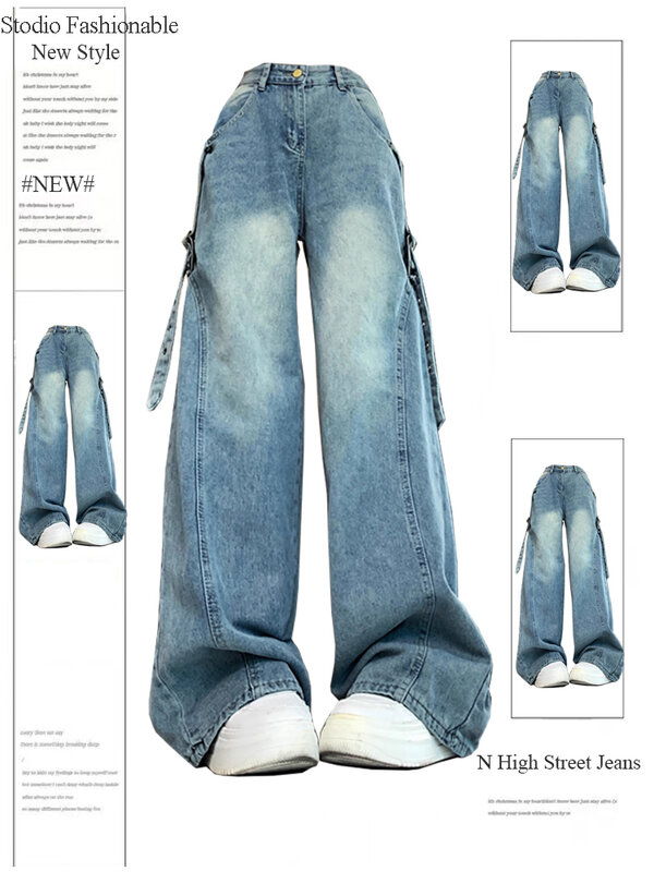 Jeans folgados azuis estéticos Harajuku feminino, calças jeans, calças coreanas Y2K Jean, lixo vintage, roupas grandes, streetwear, anos 2000