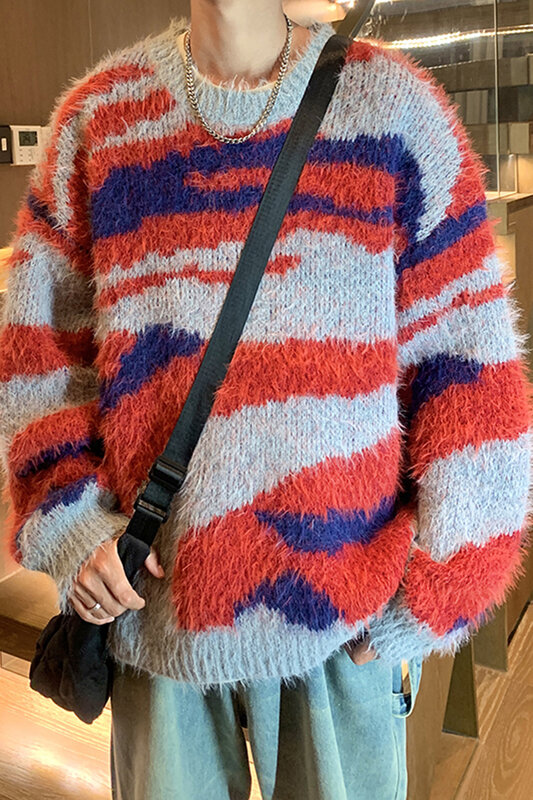 2023 mężczyzn jesień zima modne w paski swobodny sweter topy męskie O szyi patchworkowe swetry męskie swetry luźny, dzianinowy I562
