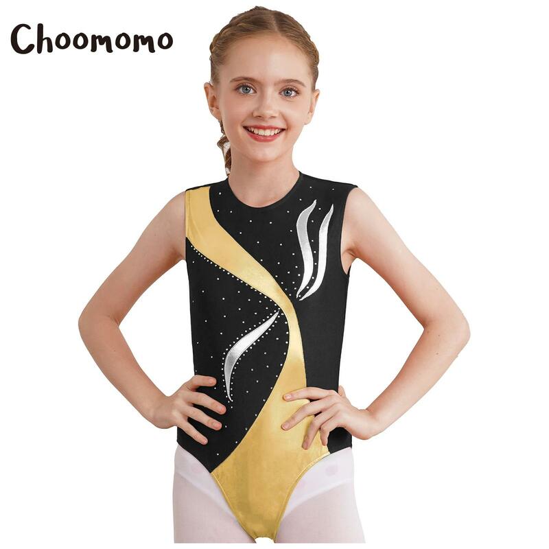 Kids Girls Gymnastics Leotards Rhinestones One-Piece Sleeveless Ballet Dance Training Sports Athletic Bodysuit Activewear
