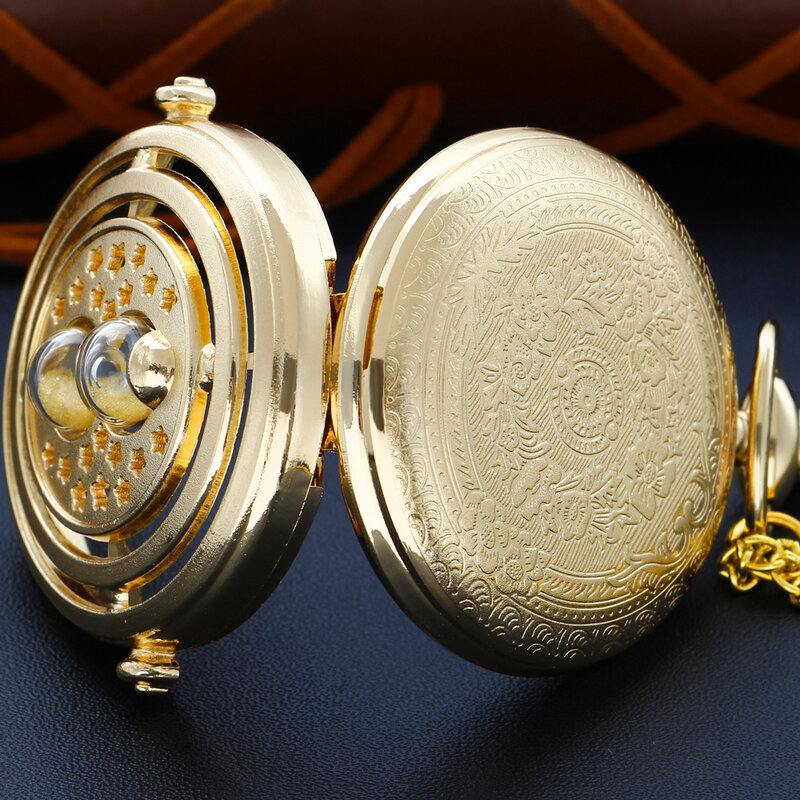 Reloj de arena dorado de lujo para hombres y mujeres, reloj de bolsillo de cuarzo hueco, Vintage Fob, cadena, collar, pulsera, reloj colgante, el mejor regalo
