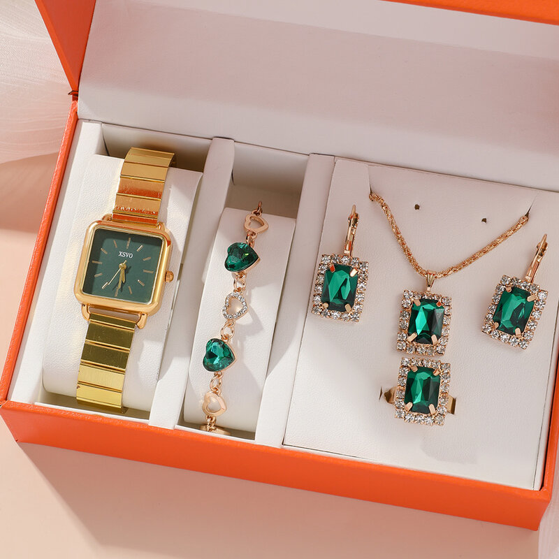 Luxe Horloge Vrouwen Ring Ketting Oorbel Strass Mode Polshorloge Casual Dames Armband Quartz Horloges Sieraden Set Klok