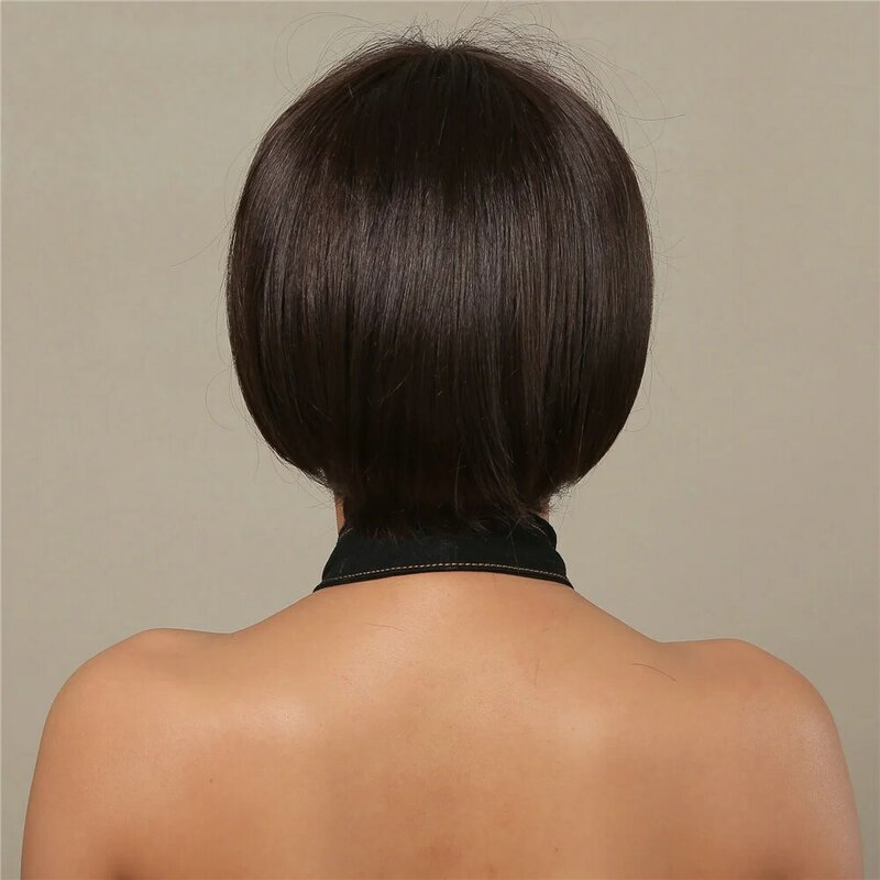 Peluca de cabello humano con flequillo, pelo corto y liso, color marrón oscuro, resistente al calor, Natural, uso diario