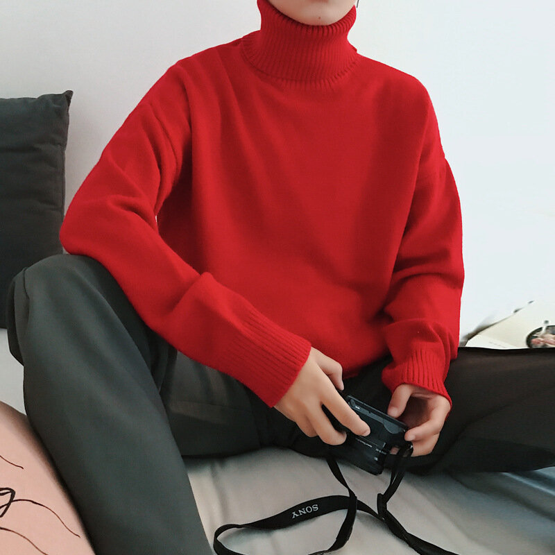 Sweter Rajutan Longgar Musim Dingin Pria Baru 2022 Atasan Turtleneck Sweter Kebesaran Padat Mode Pria Hangat Panjang Streetwear M-XXL