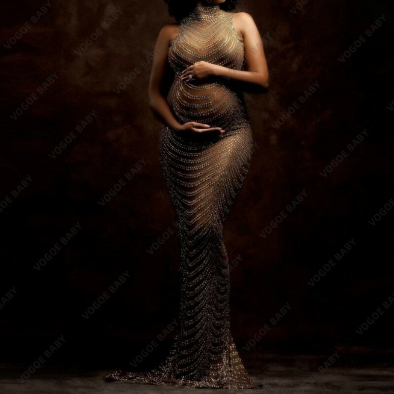 Sexy Shiny Rhinestone Godysuit para mulheres grávidas, vestido de maternidade, vestido de bebê, Photo Shoot Props