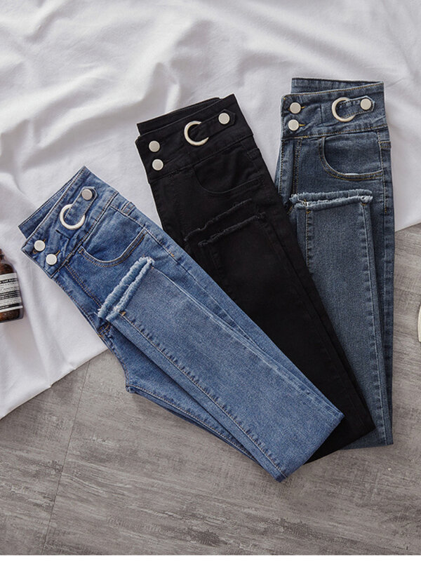 2023 Vintage Hoge Taille Drie Knopen Skinny Potlood Jeans Koreaanse All-Match Slim Denim Broek Klassieke Enkellange Damesbroek