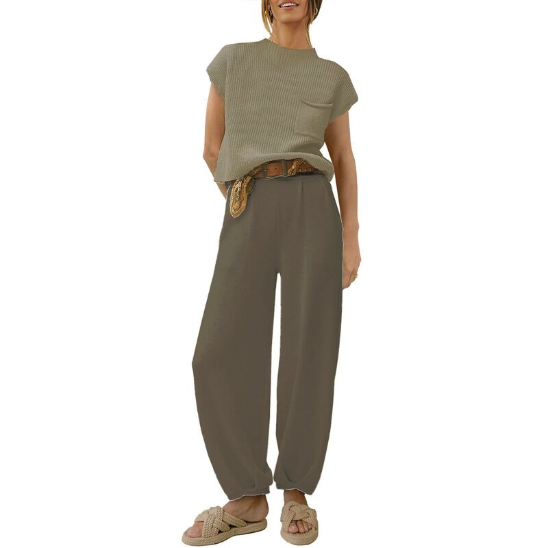Женский комплект из двух предметов, трикотажная футболка с коротким рукавом и круглым вырезом, пуловер и штаны с высокой талией, 2024