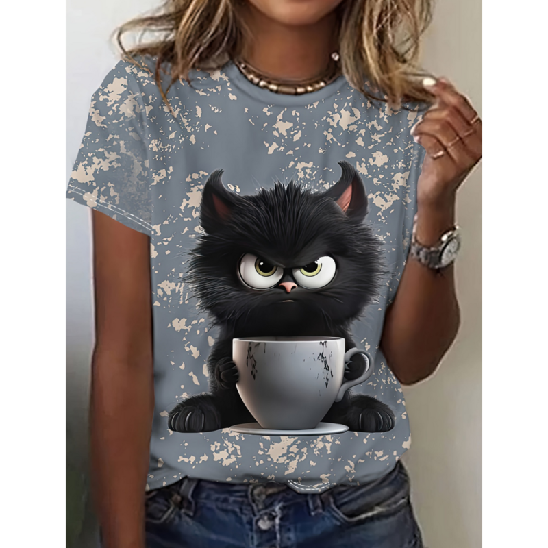 女性のための漫画の猫の半袖Tシャツ,3D漫画の服,カジュアルな毎日,夏のファッション