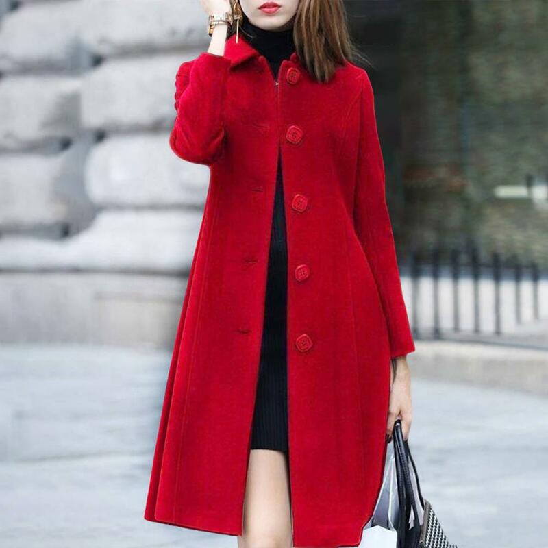 Women Coat Mid-Length Single-Breasted Solid Color Turn-down Collar Elegant Soft Cardigan Plus Size Warm Lapel Winter Jacket