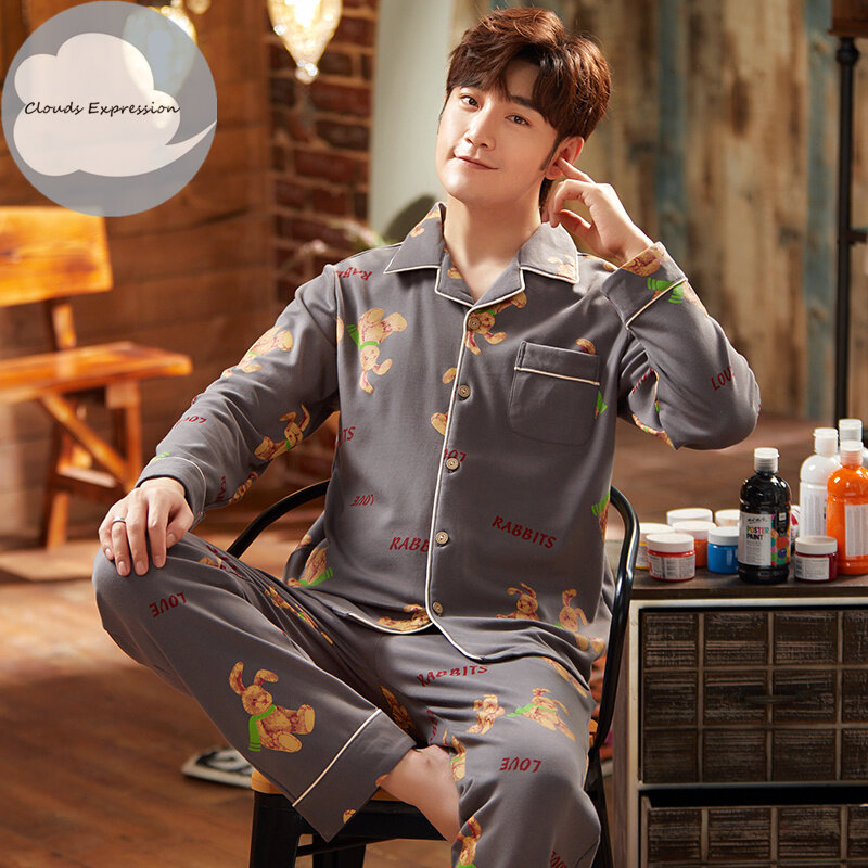 Pijama masculino listrado de algodão, roupa de dormir casual para homens, moda primavera e outono