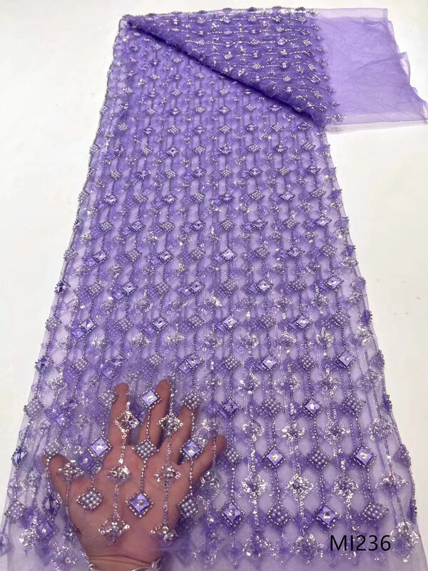 Tecido de renda com lantejoulas para costura, luxo, Dubai, frisado à mão, bordado, africano, nigeriano, 5 jardas