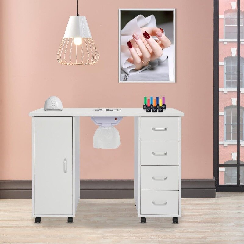 Manicure Nail Table Station, Salon Spa Nail Desk with Electric Downdraft Vent, Locking Castors, 2 Layers Storage Cabinet