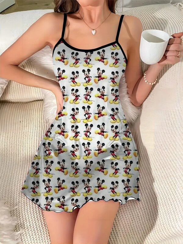 Vestido elegante de Mickey y Minnie Mouse, minifalda de pijama de superficie de satén con cuello redondo y ribete de lechuga, a la moda de Disney para verano, 2024