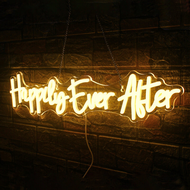 Enseigne au néon Happy Ever After, lumières LED, blanc chaud, lettre, décoration murale de chambre, mariage, fête de mariage, bar, décor de chambre, cadeau