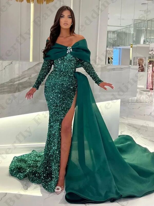 Gorgeous Satin Fashion Evening Dresses For Women Mermaid Backless Sexy Off Shoulder Long Sleeved High Slit Mopping Prom Gowns