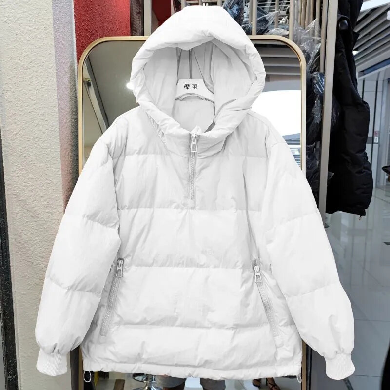 2023 단색 심플 출퇴근 한국 버전 다운 코튼 코트, 겨울 루즈 숏 풀오버 스웨터, 두껍고 따뜻한 코튼 코트