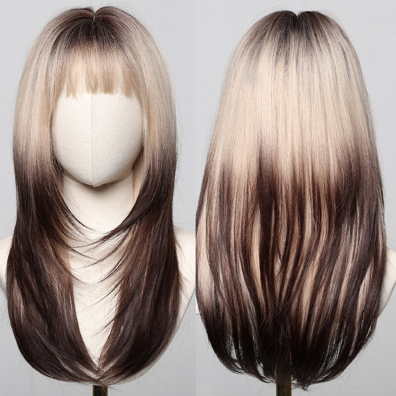 Коричневый Светлый Омбре, длинный прямой синтетический парик с челкой для женщин, ежедневный косплей, многослойный парик волос, Термостойкое волокно