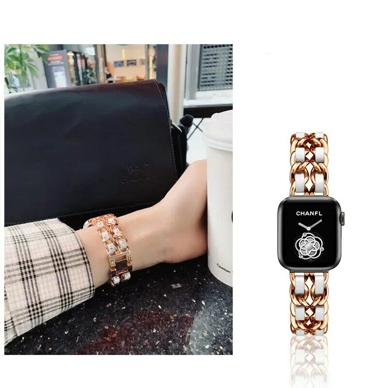 Cinturino in metallo con catena in Denim in acciaio inossidabile per Apple Watch 4 5 6 7 8 SE cinturino per orologio in pelle Ultra treccia