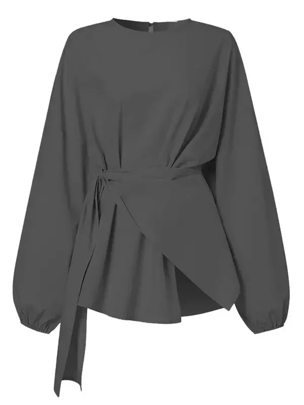 Tops de vendaje plisados de manga larga de linterna para mujer, ropa interior informal suelta de Color sólido, Verano