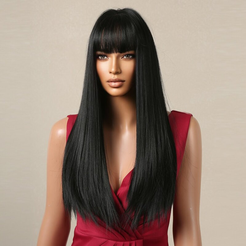 Wig rambut hitam lurus panjang untuk wanita wig sintetik rambut alami Cosplay harian tahan panas