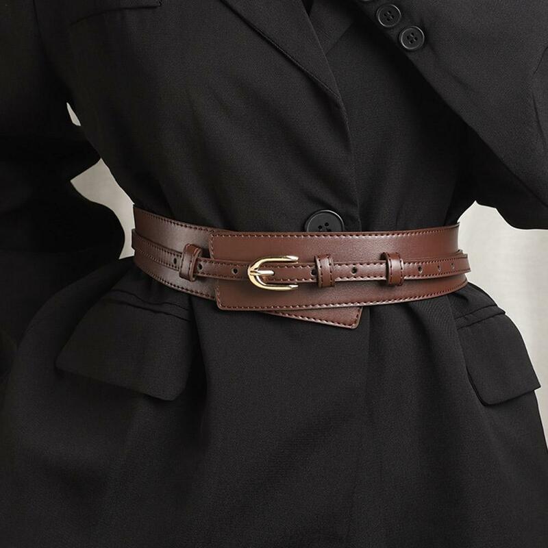 Cintura larga de couro PU para mulheres, fivela elegante, cinto destacável, casaco vintage e cinto de vestido