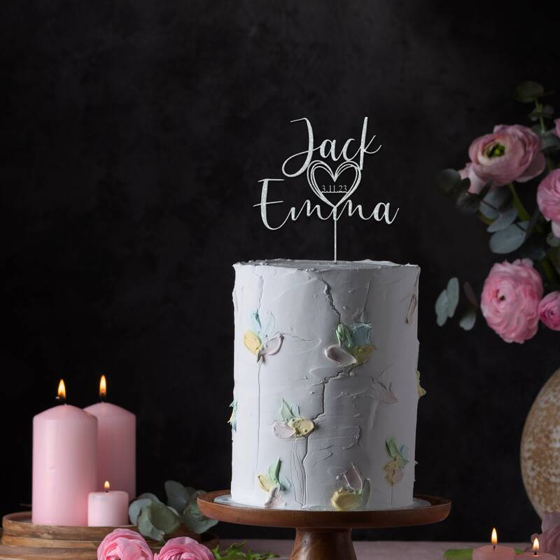 Spersonalizowany ślub ozdoba na wierzch tortu z datą niestandardowy skrypt ozdoba na wierzch tortu s na ślub rustykalne rusityczne dekoracje na tort urodzinowy