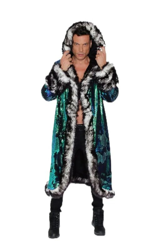 Faux Fur Patchwork Long Hoodie masculino, lantejoula LED, casaco confortável, roupas de boate, festa, festival de música, jaquetas confortáveis, fantasia