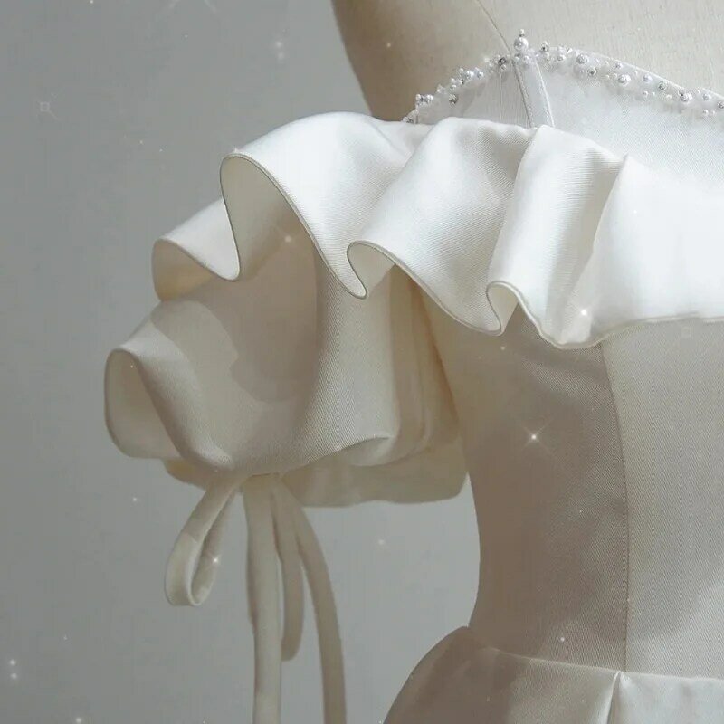Romantic French Satin Formal Dress Strapless White Beading Pearls Floor-Length Party Gowns Elegant Women's Celebrity Dresses