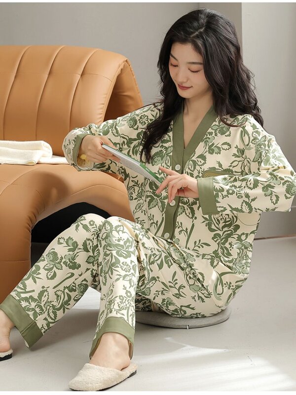 Druck Frauen Baumwolle Nachtwäsche Vintage Brust polster Nachtwäsche Langarm Herbst Pyjama Sets Lounge wear Set koreanische Hosen Knopf