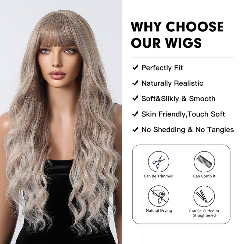 Jasnobrązowe Ombre blond długie faliste syntetyczne peruka z grzywką Cosplay codzienne włosy falowane peruki dla kobiet naturalne odporne na ciepło